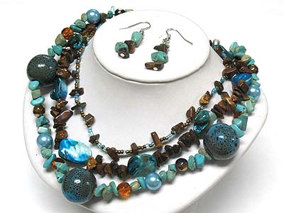 Multi strand natural stone and ceramic ball link necklace and earring set