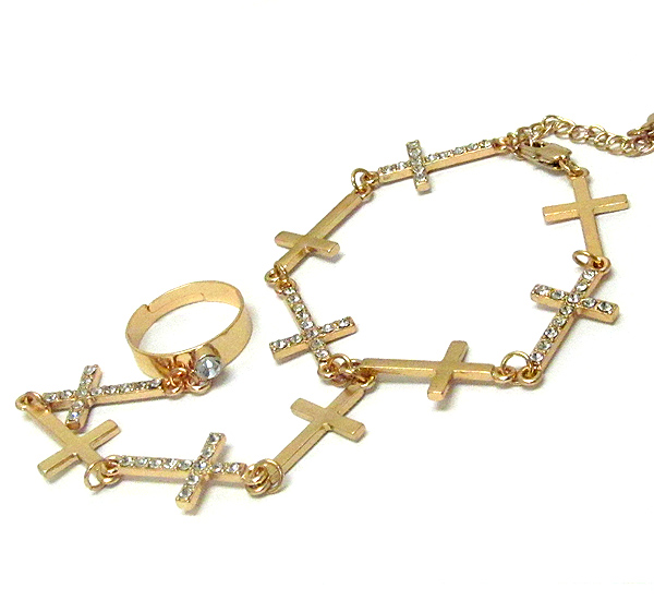 Multi crystal cross link ring and bracelet set