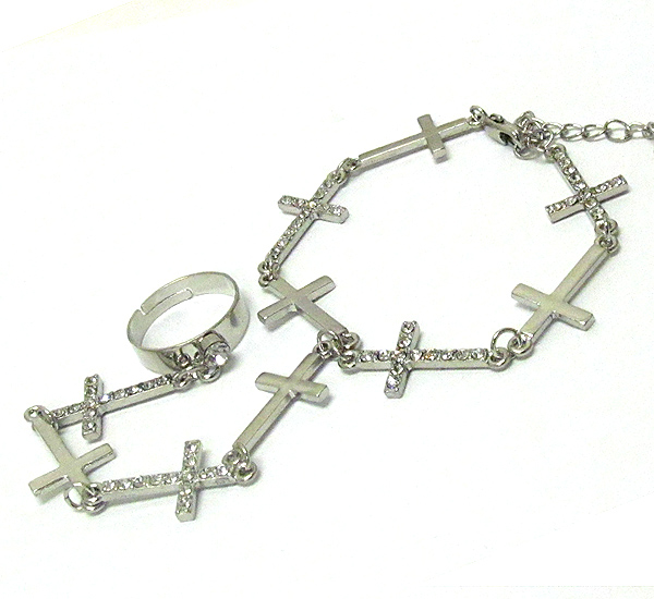 Multi crystal cross link ring and bracelet set