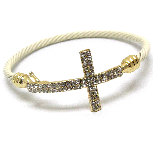 Crystal deco paved cross and twisted coat band bracelet