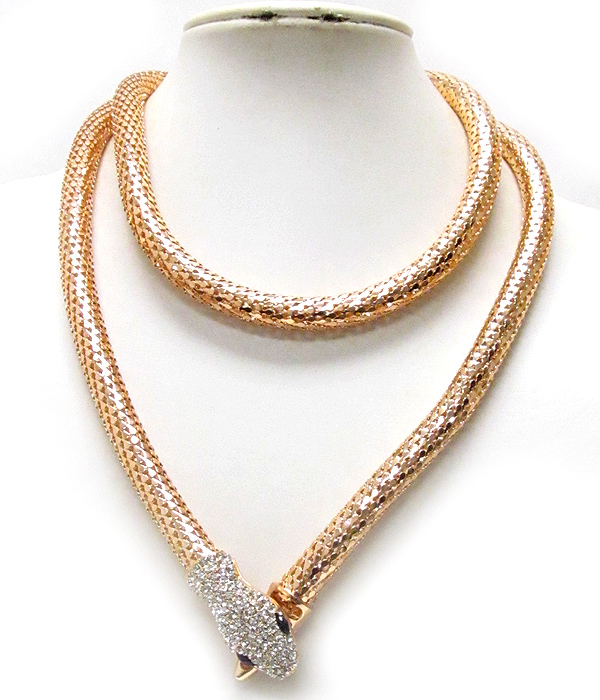 Crystal stud snake head and chain long necklace