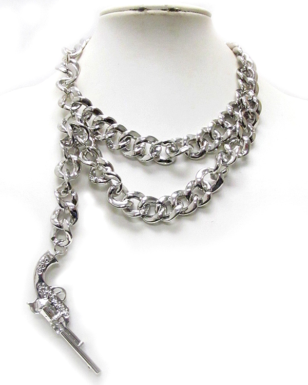 Double chain and crystal deco gun side drop rihanna style necklace