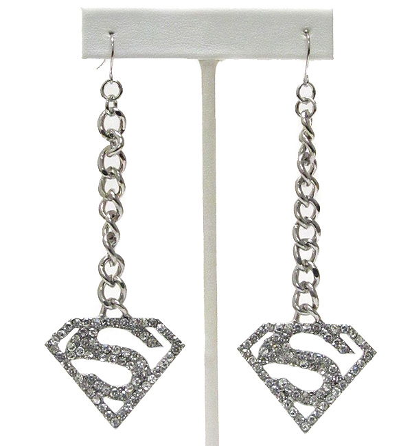 Crystal superman symbol chain drop earring