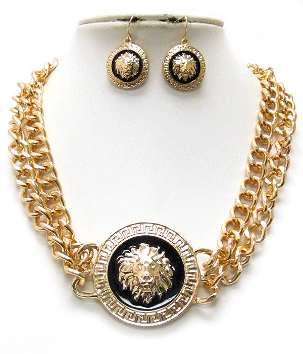 Epoxy deco metal lion head disk pendant and double chain rihanna style necklace earring set