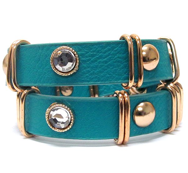 Crystal and metal stud deco leatherette wrap bracelet