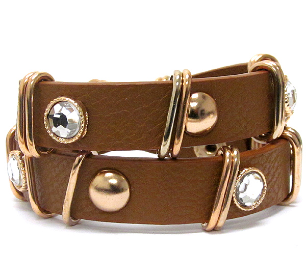 Crystal and metal stud deco leatherette wrap bracelet