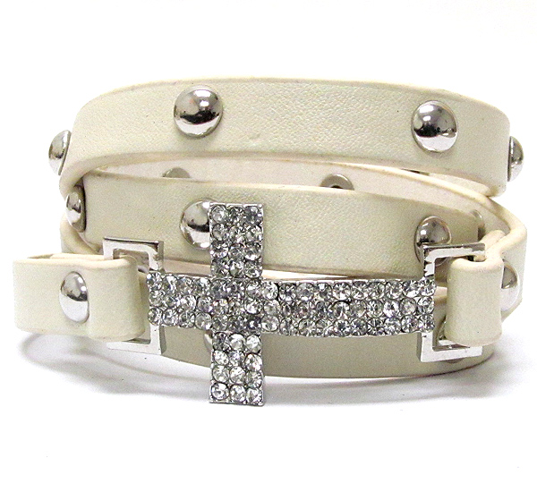 Crystal cross and metal stud deco leatherette wrap bracelet