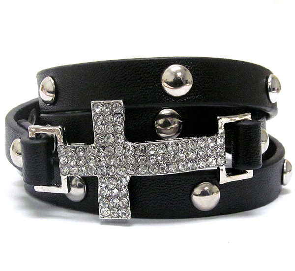 Crystal cross and metal stud deco leatherette wrap bracelet