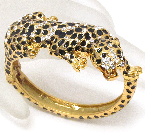 Crystal and epoxy deco jaguar hinge bangle bracelet