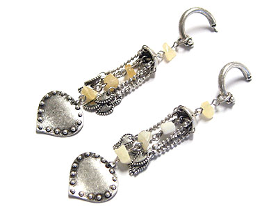 Antique style natural stone and  heart drop earring