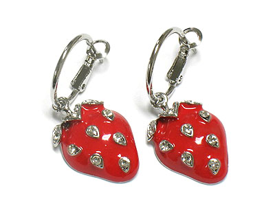 Crystal stud enamel strawberry earring