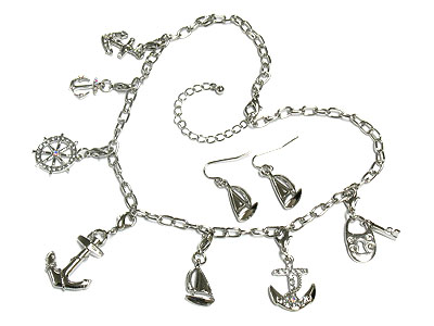 Crystal nautical theme neckalce and earring set - anchor,wheel,sail boat