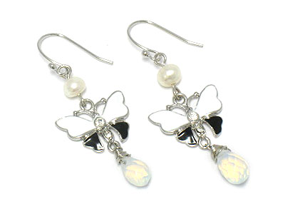 Dyed fresh water pearl and enamel butterfly drop earring