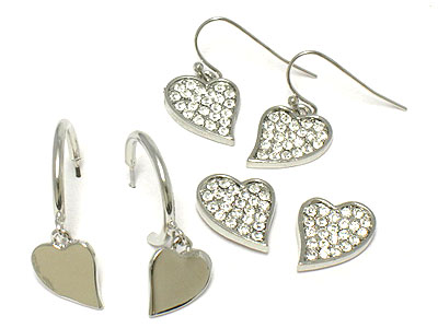 Crystal heart earring - 3 pair set - stud,hook,french