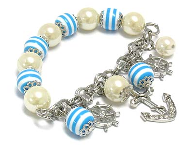 Nautical theme pearl beads stretch bracelet with crystal anchor and wheel charm