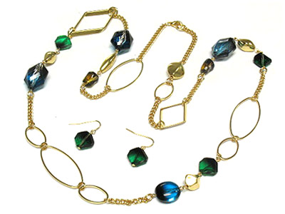 Metal and facet cut glass bead link long necklace and earring set 