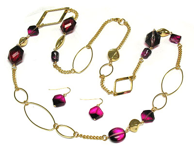 Metal and facet cut glass bead link long necklace and earring set