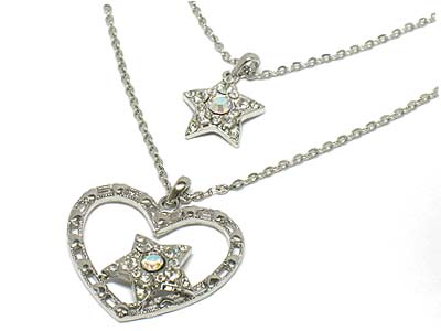 Crystal heart and star pendant and one more star pendant double strand necklace