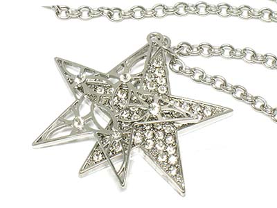 Crystal dual overlap star pendant chain necklace