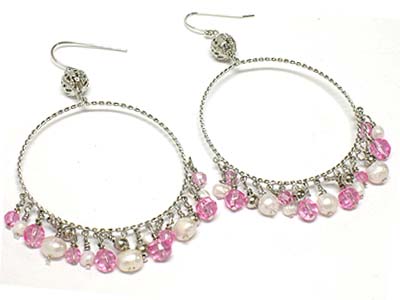 Multi acryl and pearl bead dangle round earring 