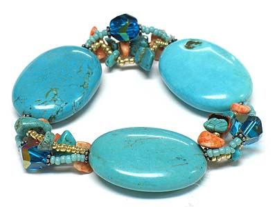 Semi precious stone round nugget and acryl bead link stretch bracelet - turquoise