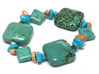 Semi precious stone square nugget and acryl bead link stretch bracelet  - turquoise