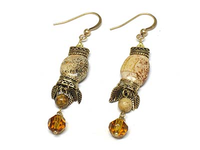 Metal leaves deco semi precious stone dangle earring  - agate