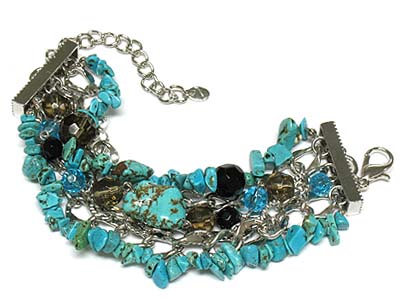 Semi precious stone  and acrylic bead and metal chain multi strand link bracelet -turquoise