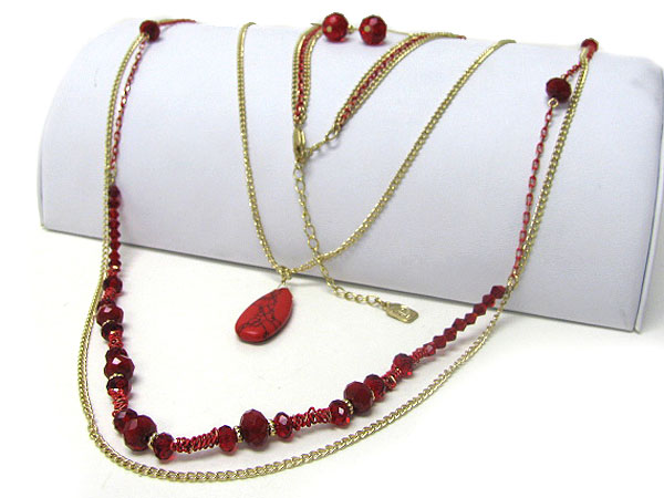 Natural and glass stone mix multi layer long chain necklace earring set