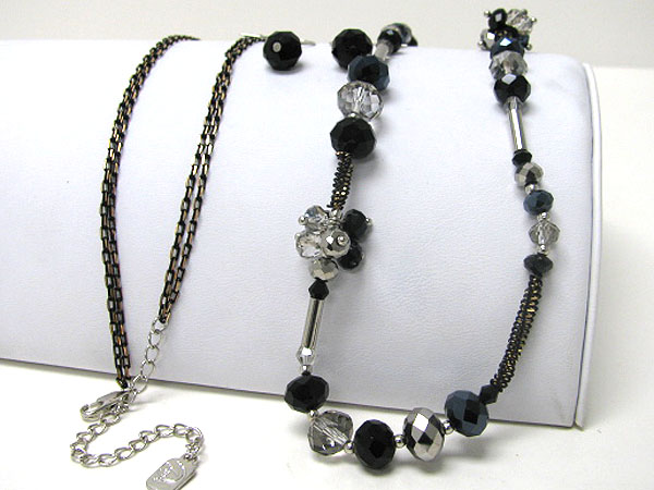 Glass bead and coiled metal chain long necklace earring set