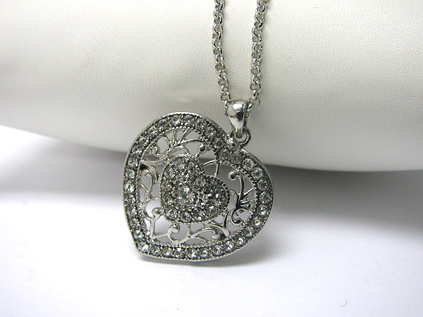 Crystal deco filigree metal heart necklace