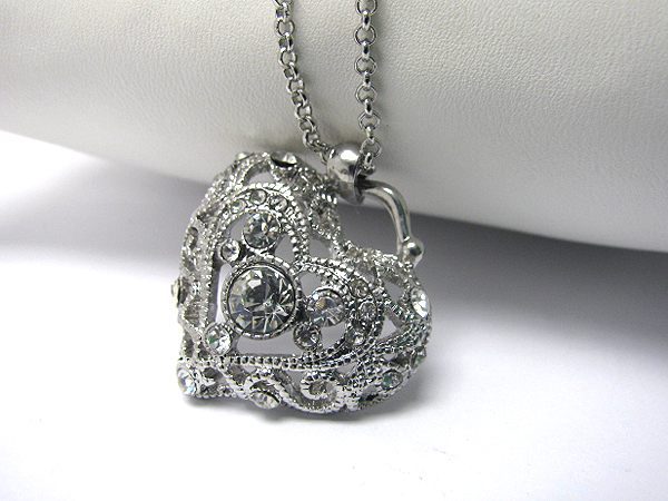 Crystal deco filigree metal heart necklace