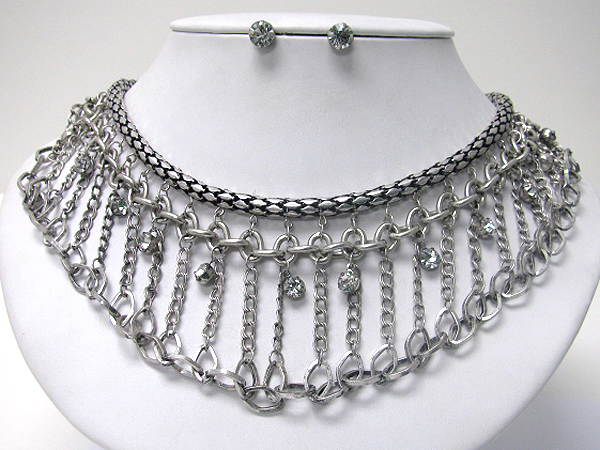 Multi metal chain link and crystal accent necklace earring set