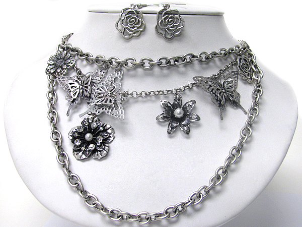 Multi metal butterfly and flower deco necklace earring set