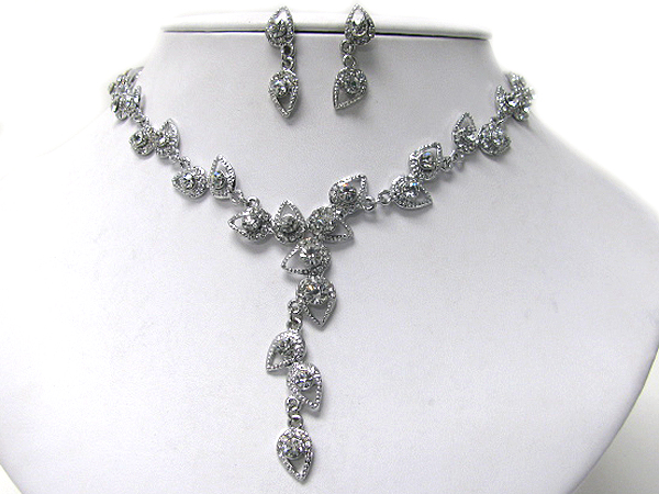 Crystal center tear drop link y shape necklace earring set