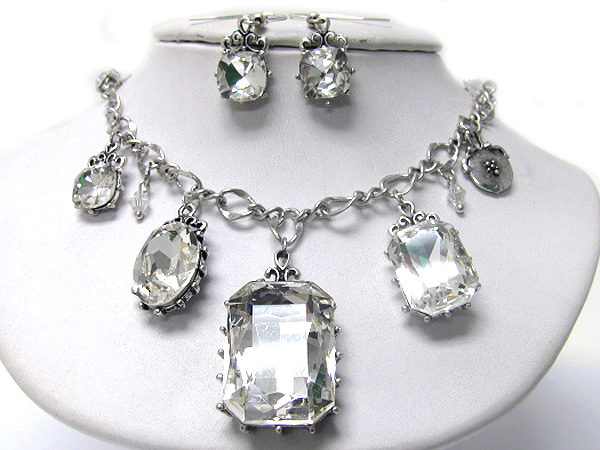 Large glass stone dangle necklace earring set