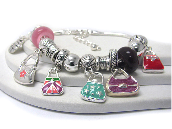 Designer style multi charm link bracelet - bags