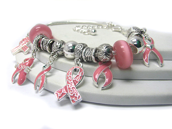 Designer style multi charm link bracelet - pink ribbon - breast cancer awareness