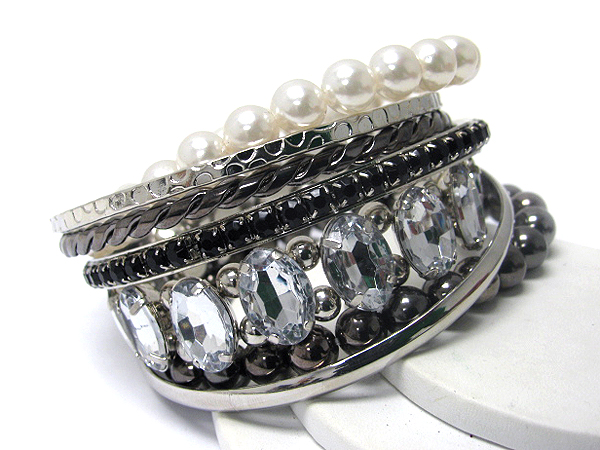 Large acrylic and pearl deco multi metal bangle bracelet