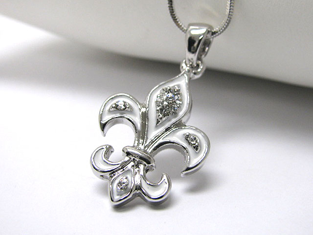 Made in korea whitegold plating crystal stud fleur de lis pendant necklace