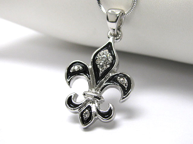 Made in korea whitegold plating crystal stud fleur de lis pendant necklace