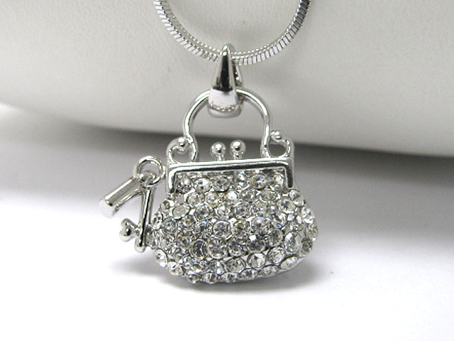 Made in korea whitegold plating crystal stud hand purse pendant necklace