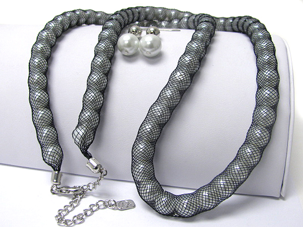 Pearl in mesh tube long necklace earring set