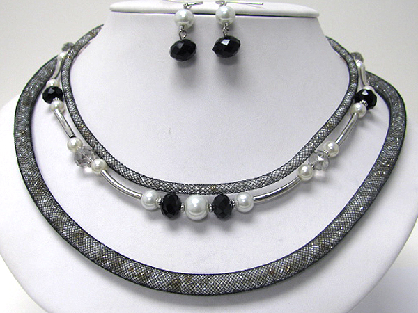 Mixed three row mesh and metal tube necklace earring set