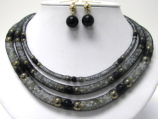 Three row beads in mesh tube necklace earring set