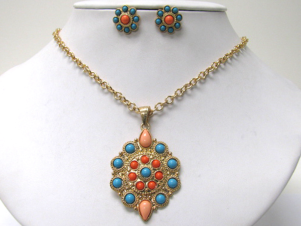 Colored stone deco pendant necklace earring set