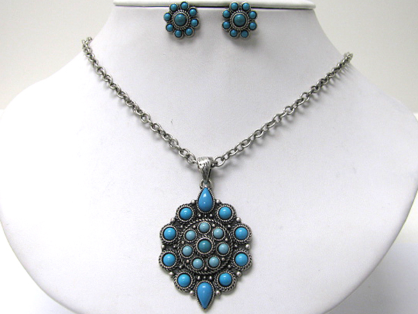 Colored stone deco pendant necklace earring set