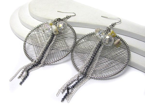 Metal hoop and net and chain drop earring - hoops