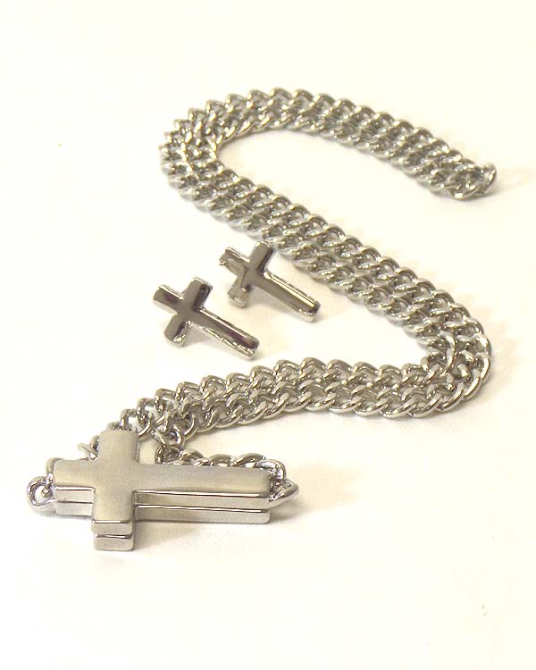 Metal cross thick metal chain necklace earring set