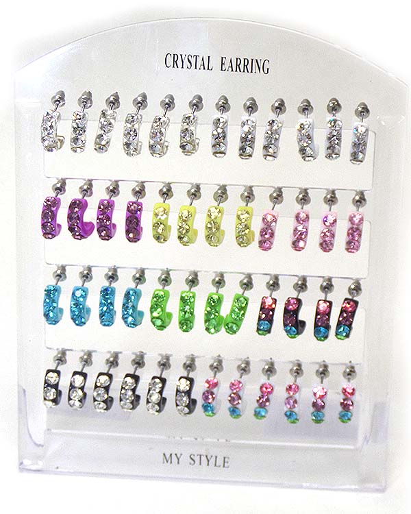 Sell by 2 dozen - crystal acrylic half hoop 24 pair earring set with display stand mens jewelry